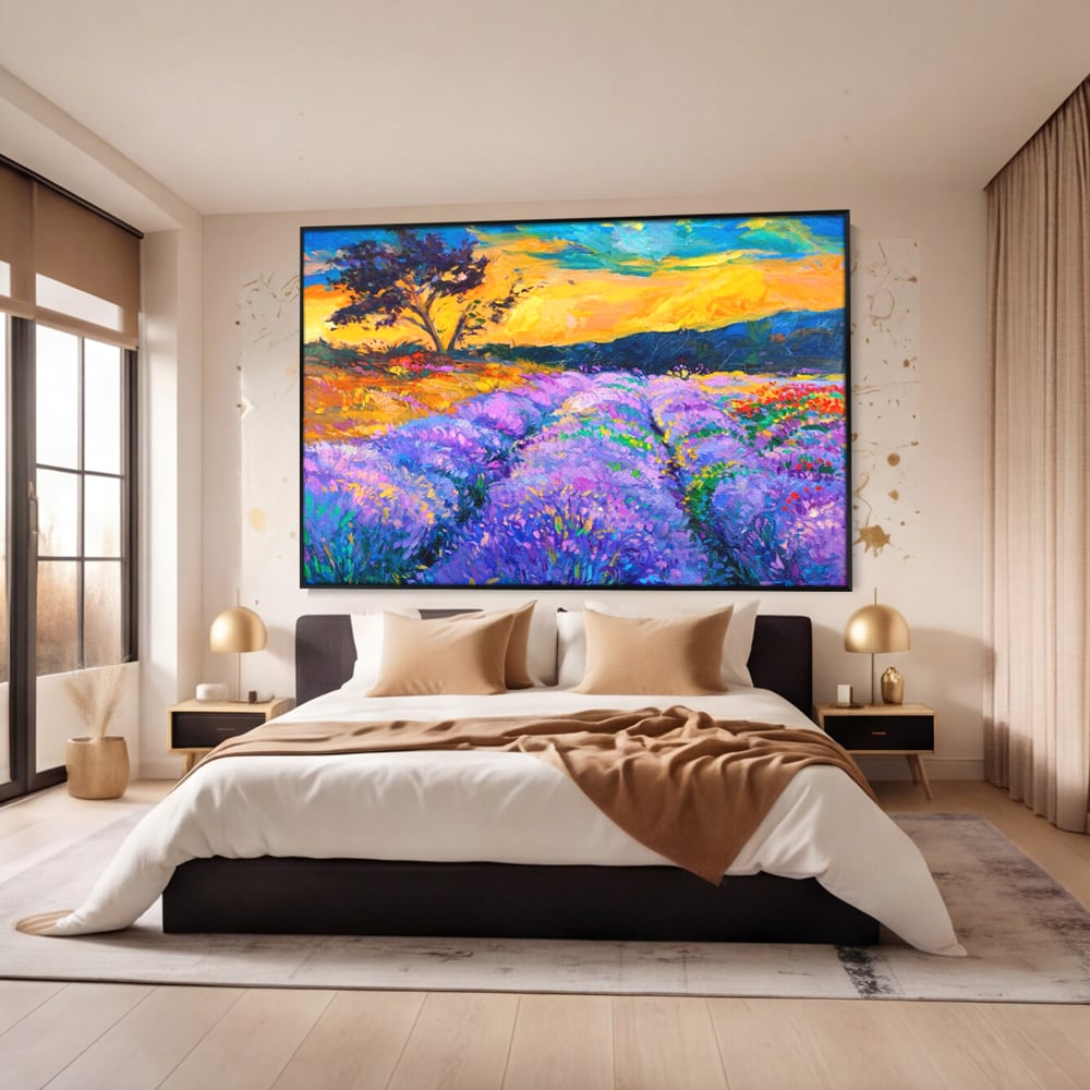Tablou canvas cu pictura camp de lavanda la apus, in rama de aluminiu negru, pe perete intr-un dormitor